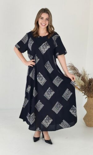 Жіноча сукня Saimeiqi зі штапелю, чорна з орнаментом, one size (081-20)